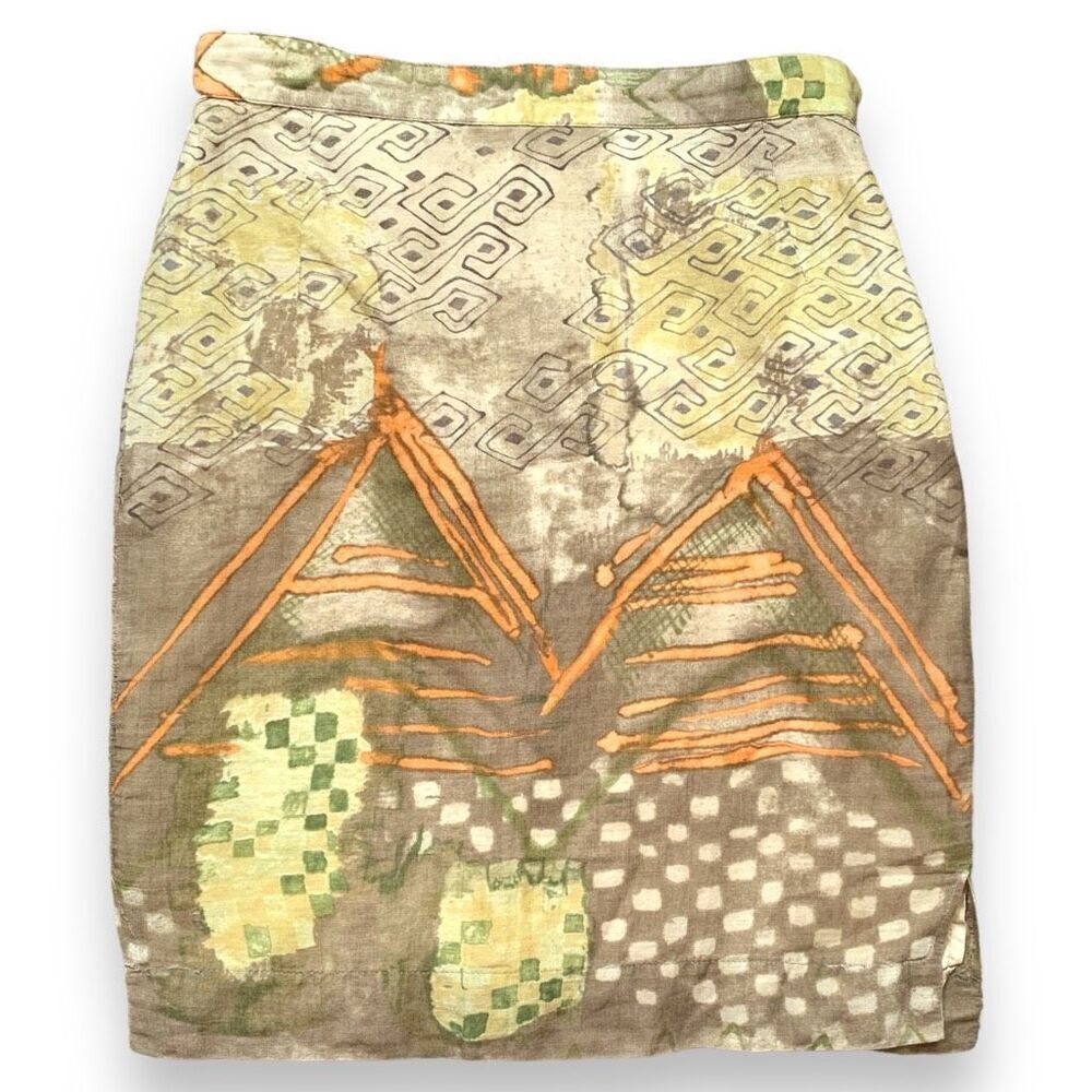 Vintage Platinum Tailored Pencil Skirt Abstract Brown Yellow Orange Maximalist